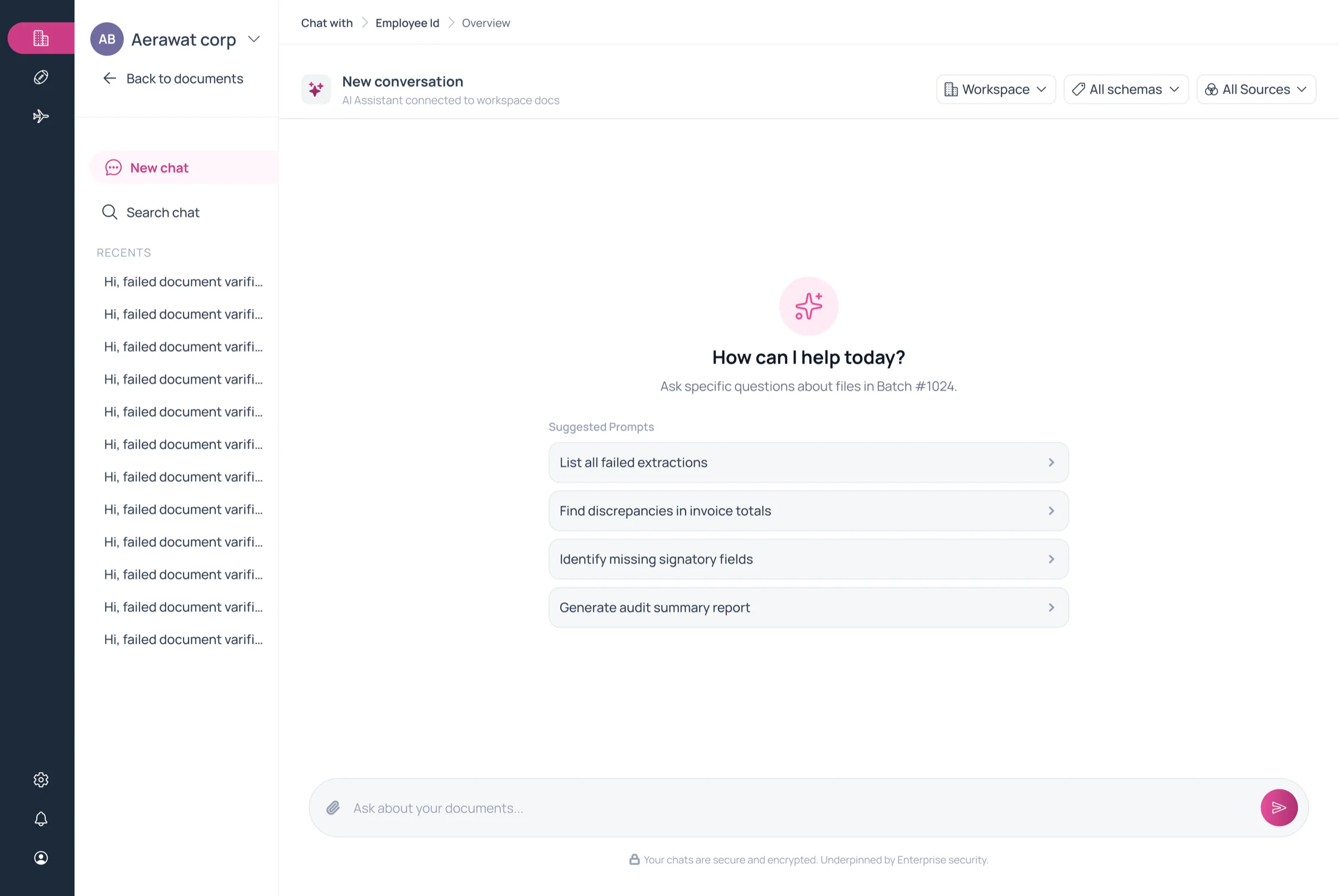 Chat with your documents screen, scoped by workspace, schema and source, with suggested prompts